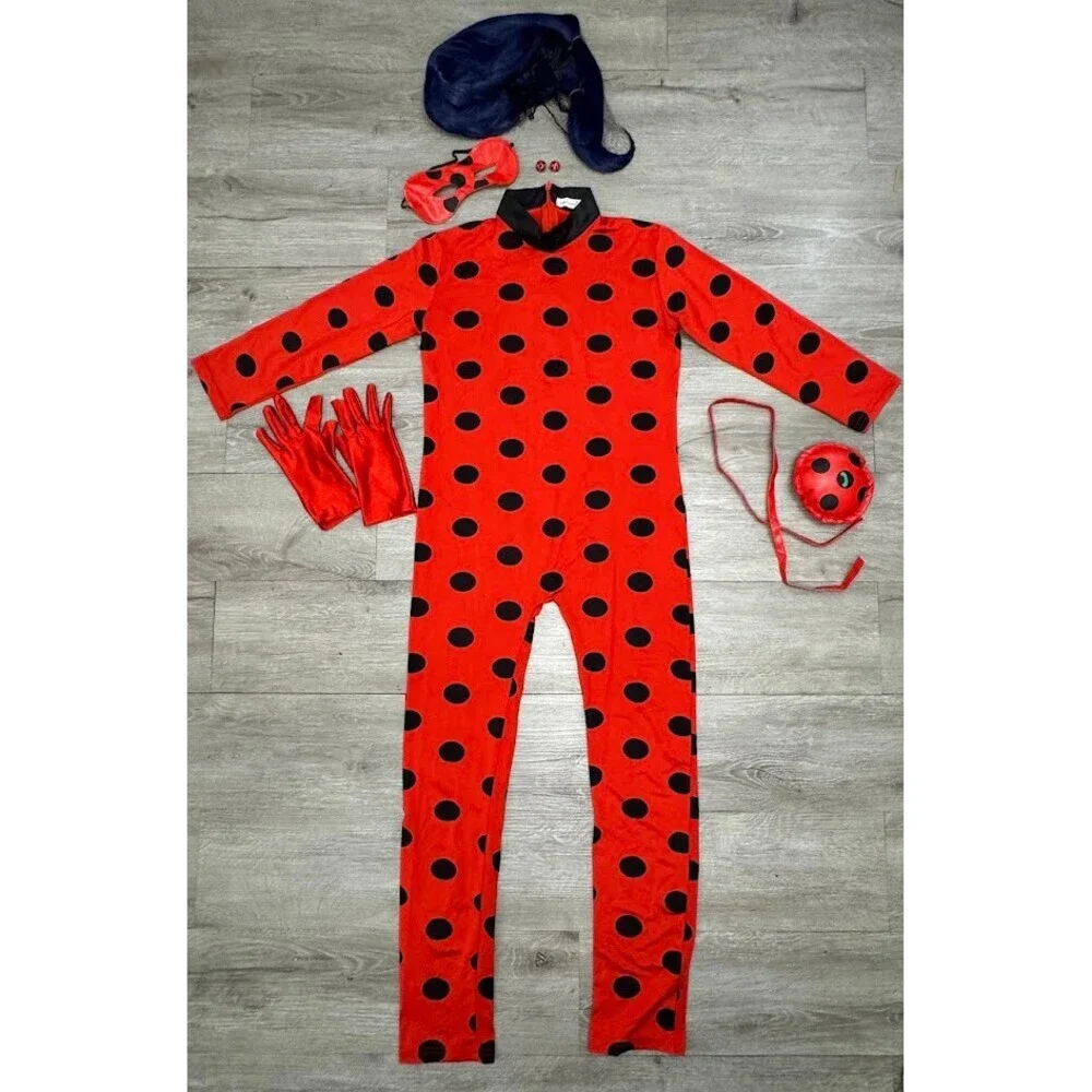 Kids XL Red Polka Dot Costume Full Set Halloween Cosplay Dress Up Outfit